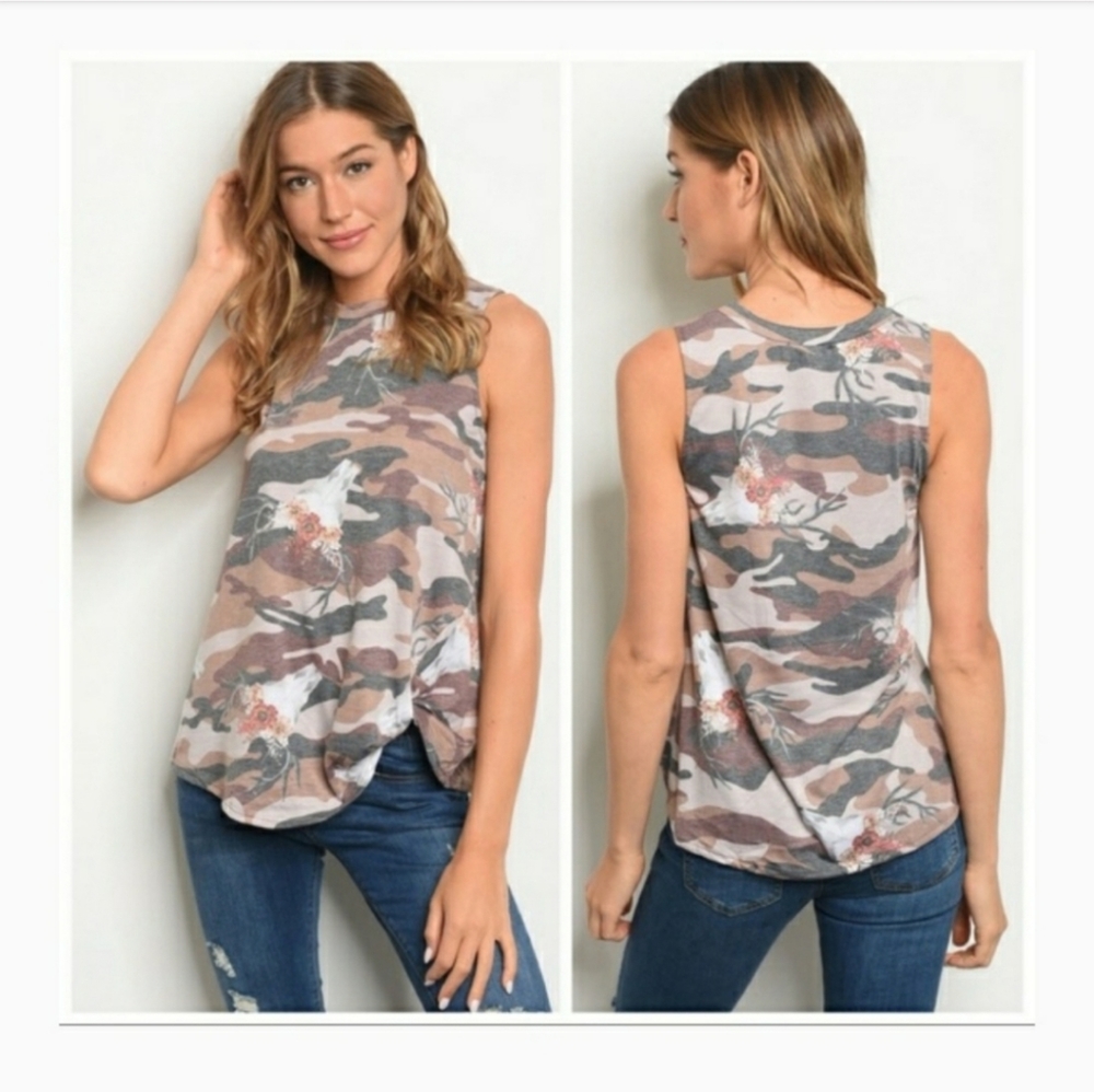 Floral Camo Sleeveless Pink Tan Tank Top